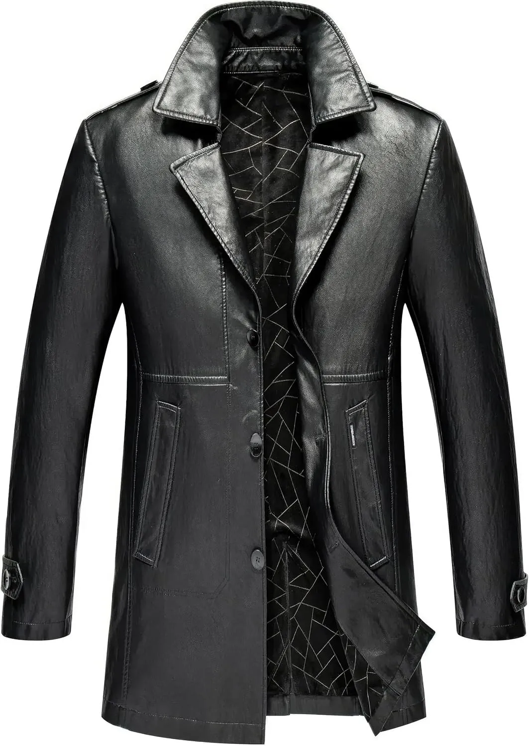Men's Black Genuine Sheepskin Leather Single Breasted Windproof Mid-Size Coat - Fashionable Military Aviator Coat for Men