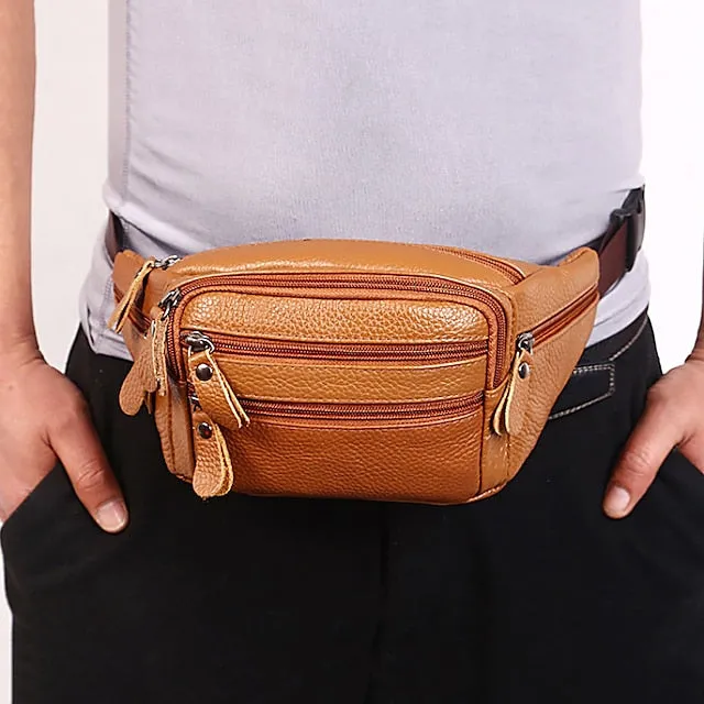 Men's Black Leather Waist Bag with Multiple Zippered Pockets - Stylish and Functional Fanny Pack for Travel and Everyday Use