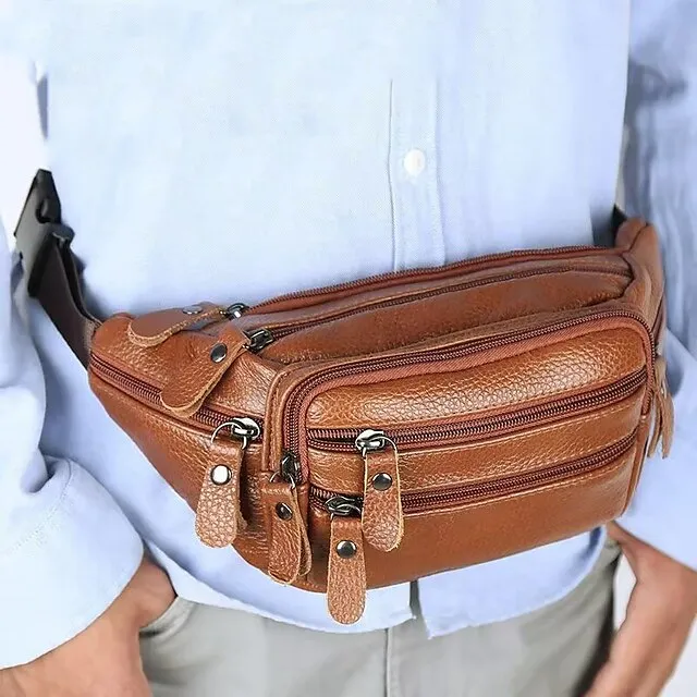 Men's Black Leather Waist Bag with Multiple Zippered Pockets - Stylish and Functional Fanny Pack for Travel and Everyday Use