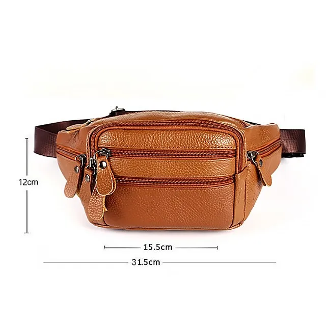 Men's Black Leather Waist Bag with Multiple Zippered Pockets - Stylish and Functional Fanny Pack for Travel and Everyday Use