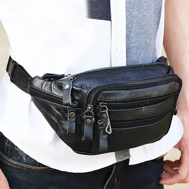 Men's Black Leather Waist Bag with Multiple Zippered Pockets - Stylish and Functional Fanny Pack for Travel and Everyday Use
