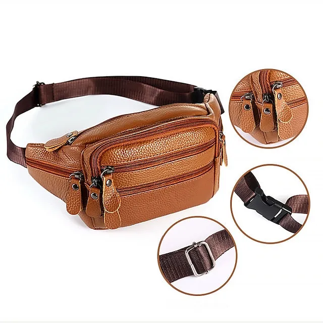 Men's Black Leather Waist Bag with Multiple Zippered Pockets - Stylish and Functional Fanny Pack for Travel and Everyday Use