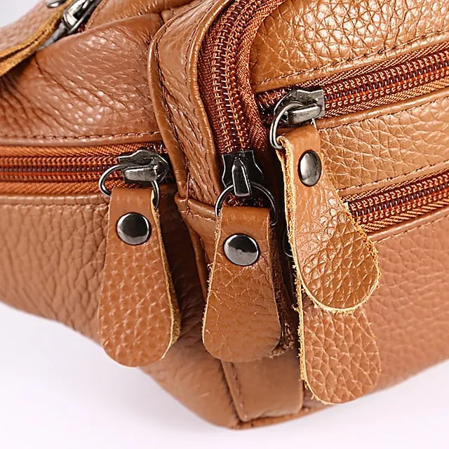 Men's Black Leather Waist Bag with Multiple Zippered Pockets - Stylish and Functional Fanny Pack for Travel and Everyday Use
