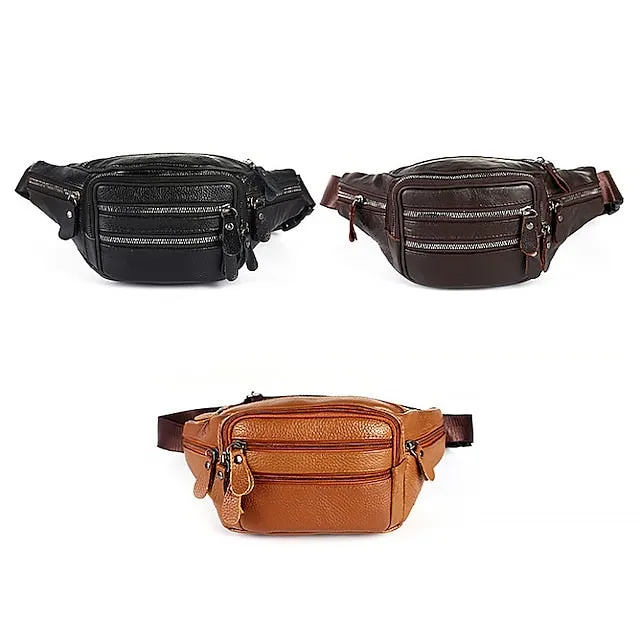 Men's Black Leather Waist Bag with Multiple Zippered Pockets - Stylish and Functional Fanny Pack for Travel and Everyday Use