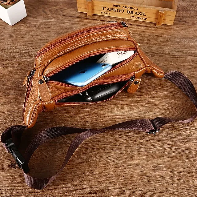 Men's Black Leather Waist Bag with Multiple Zippered Pockets - Stylish and Functional Fanny Pack for Travel and Everyday Use