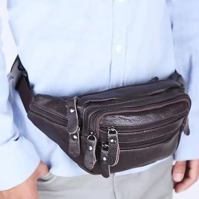 Men's Black Leather Waist Bag with Multiple Zippered Pockets - Stylish and Functional Fanny Pack for Travel and Everyday Use