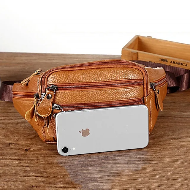 Men's Black Leather Waist Bag with Multiple Zippered Pockets - Stylish and Functional Fanny Pack for Travel and Everyday Use