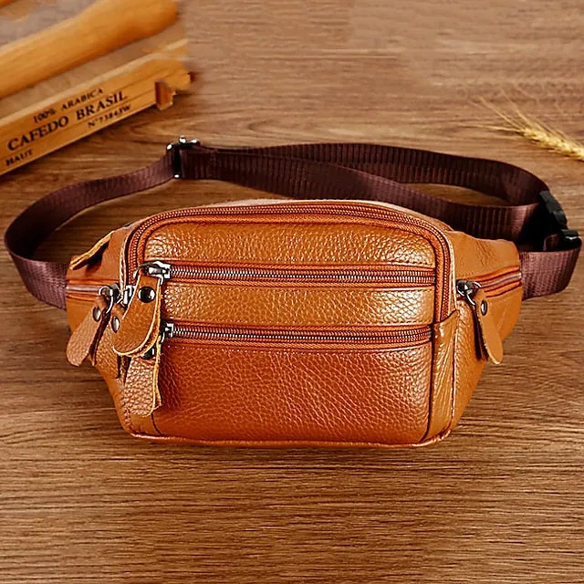Men's Black Leather Waist Bag with Multiple Zippered Pockets - Stylish and Functional Fanny Pack for Travel and Everyday Use