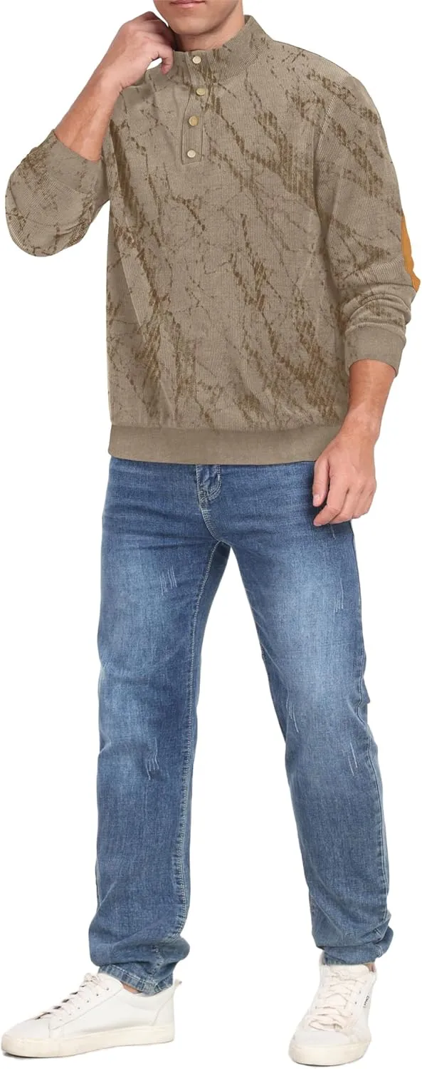 Mens Casual Corduroy Sweatshirt Long Sleeve Stand Collar 1/4 Button Up Pullover Fall Polo Sweaters
