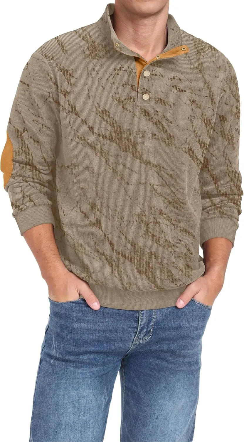 Mens Casual Corduroy Sweatshirt Long Sleeve Stand Collar 1/4 Button Up Pullover Fall Polo Sweaters