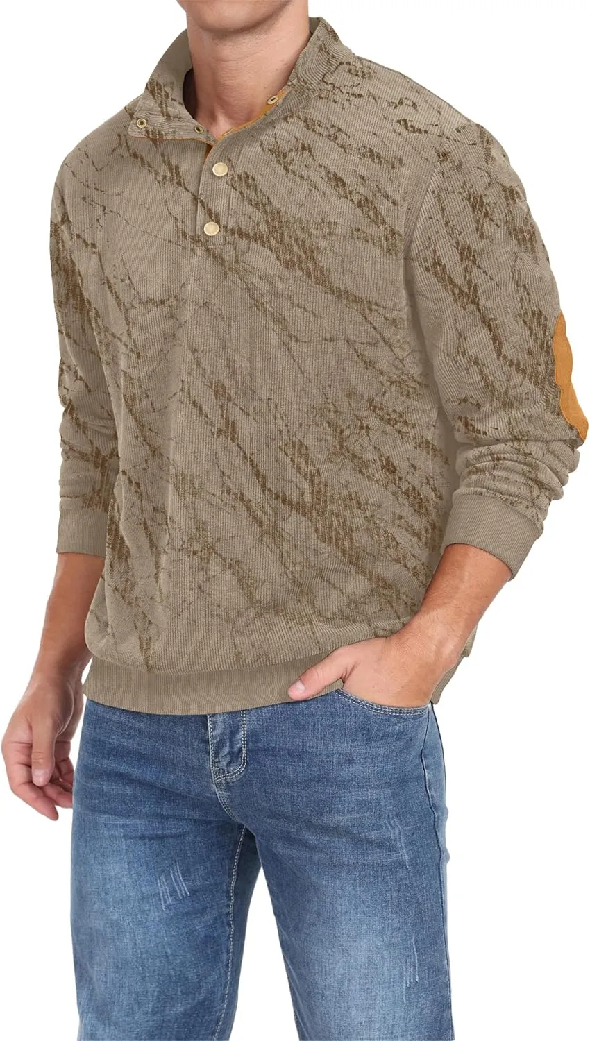 Mens Casual Corduroy Sweatshirt Long Sleeve Stand Collar 1/4 Button Up Pullover Fall Polo Sweaters