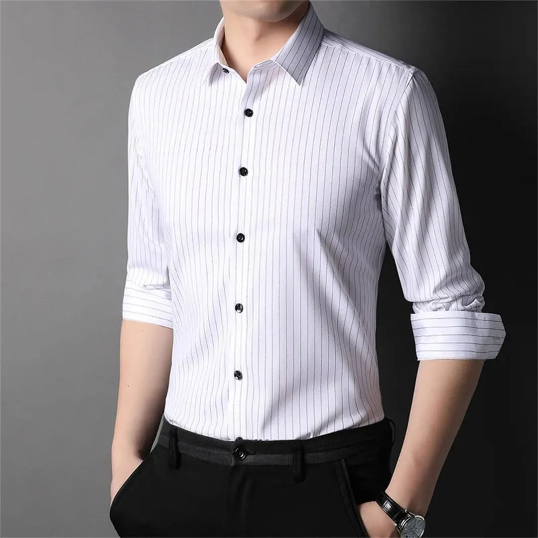 Mens Designer Slim Fit Vertical Stripes with Cufflinks Shirts Long Sleeve