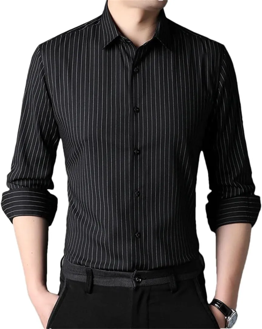 Mens Designer Slim Fit Vertical Stripes with Cufflinks Shirts Long Sleeve