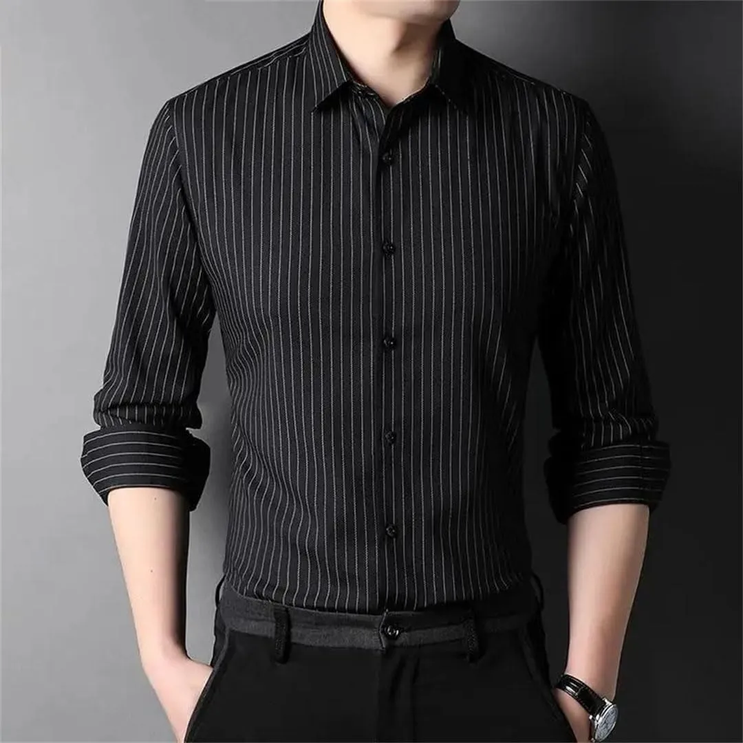Mens Designer Slim Fit Vertical Stripes with Cufflinks Shirts Long Sleeve