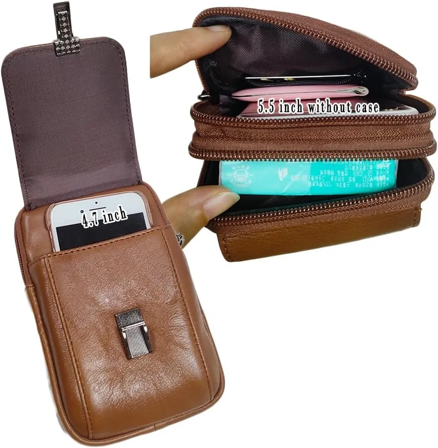 Men's Genuine Leather Waist Bag Belt Pouch Purse for Men Security Purse S Size Vertical Brown