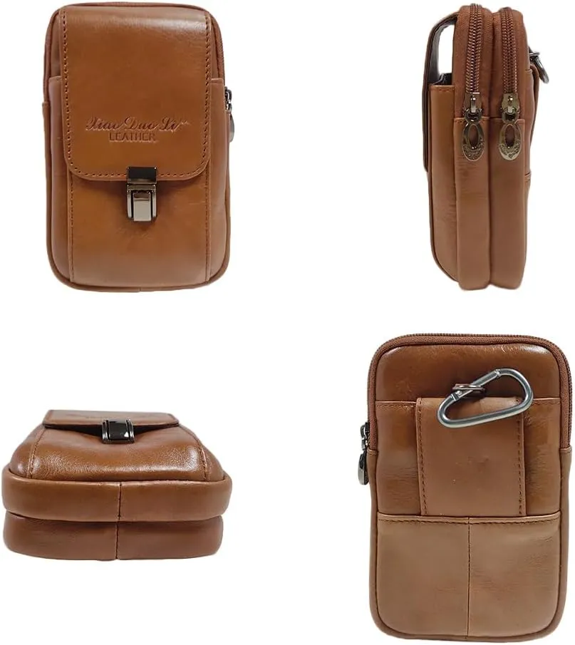 Men's Genuine Leather Waist Bag Belt Pouch Purse for Men Security Purse S Size Vertical Brown