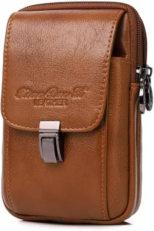 Men's Genuine Leather Waist Bag Belt Pouch Purse for Men Security Purse S Size Vertical Brown