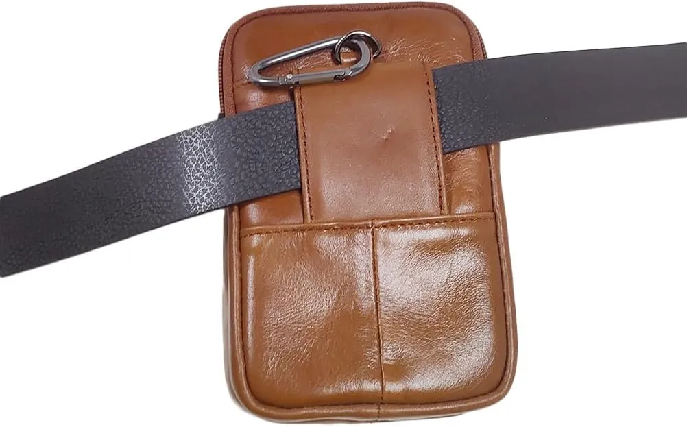 Men's Genuine Leather Waist Bag Belt Pouch Purse for Men Security Purse S Size Vertical Brown