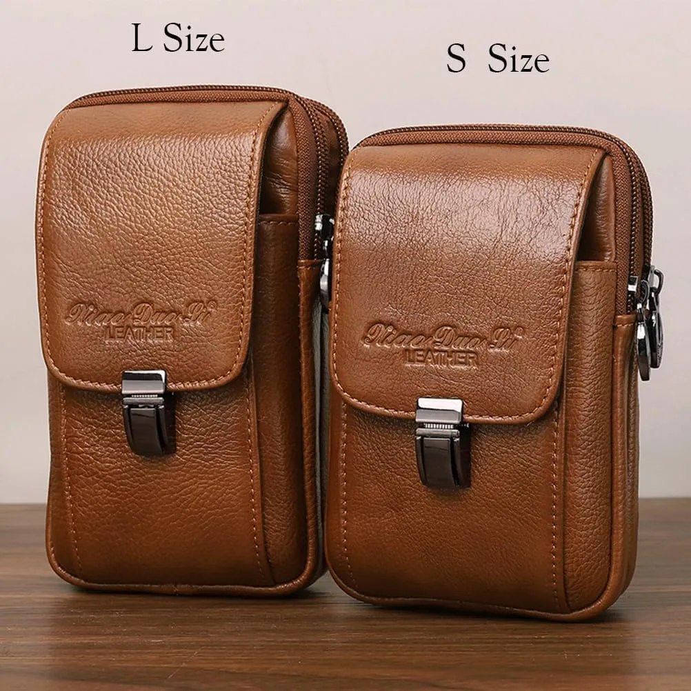 Men's Genuine Leather Waist Bag Belt Pouch Purse for Men Security Purse S Size Vertical Brown
