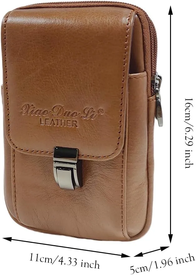 Men's Genuine Leather Waist Bag Belt Pouch Purse for Men Security Purse S Size Vertical Brown