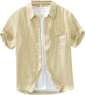 Men's Japanese Style Fresh Loose Fit Versatile Literary Casual Stripe Short Sleeve Shirt Top