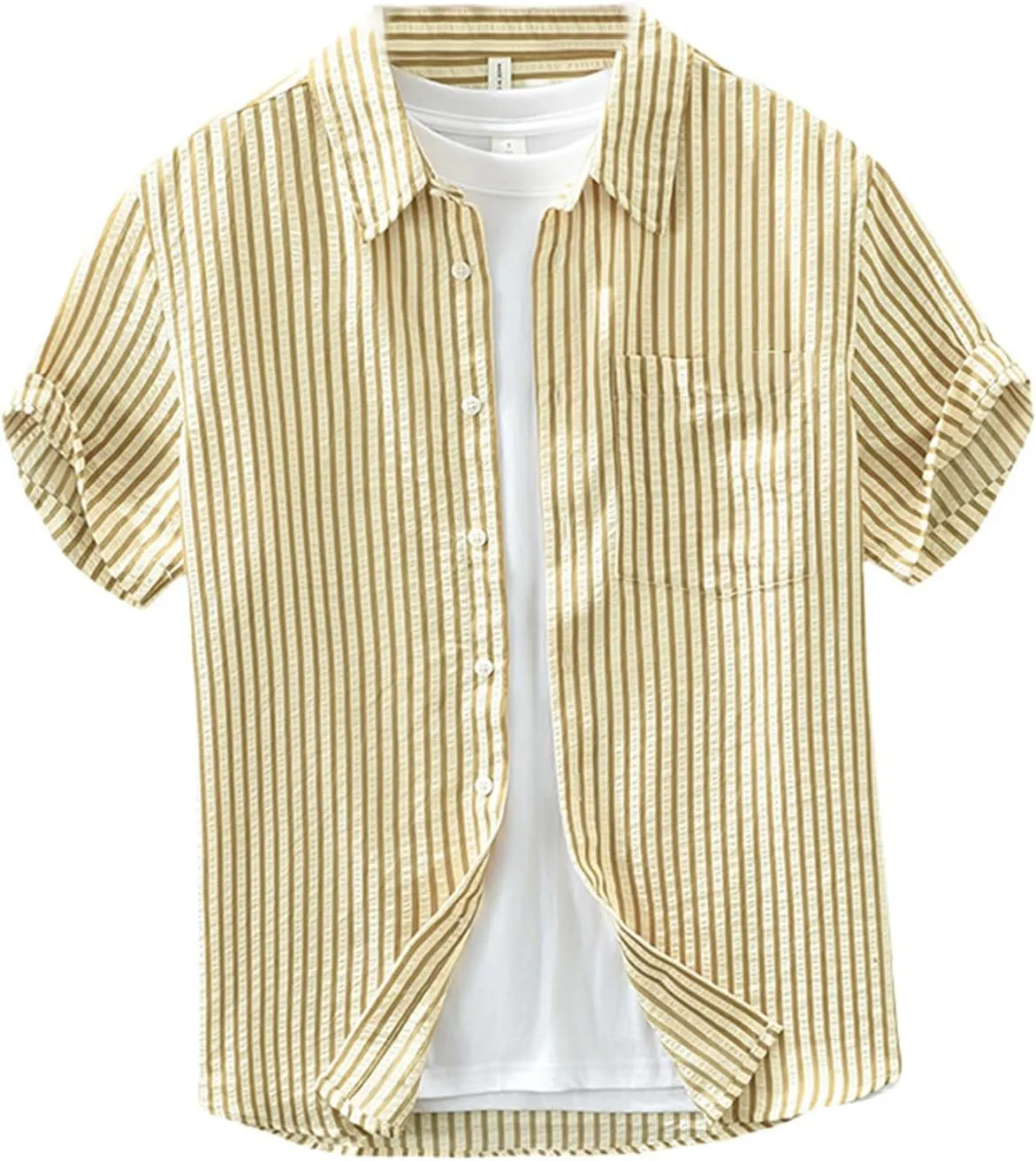 Men's Japanese Style Fresh Loose Fit Versatile Literary Casual Stripe Short Sleeve Shirt Top
