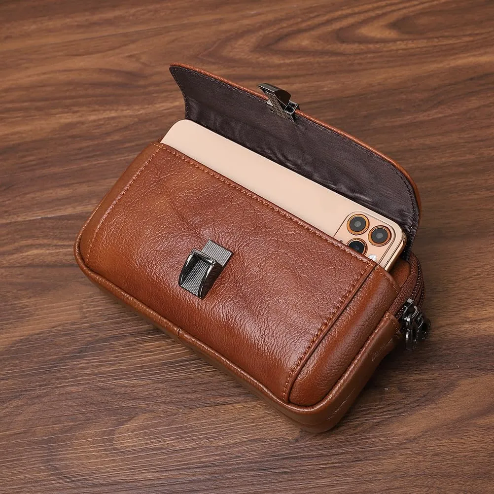 Men's Leather Waist Bag Leather Phone Purse Small Waist Pack Carry Pouch for iPhone 15 14 13 12 11 Pro X Xs 8 7 Plus 6 6S Galaxy S20 S10 S9 S8 L Size Horizontal Brown