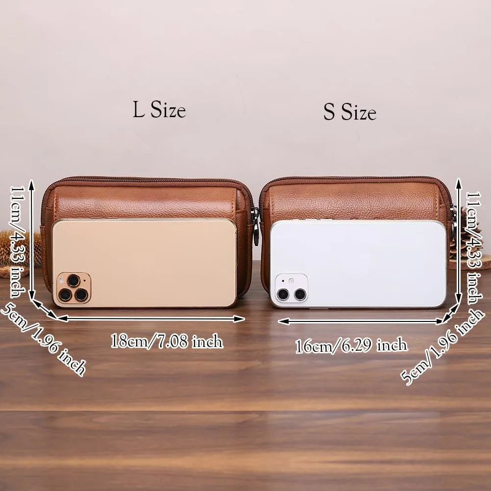 Men's Leather Waist Bag Leather Phone Purse Small Waist Pack Carry Pouch for iPhone 15 14 13 12 11 Pro X Xs 8 7 Plus 6 6S Galaxy S20 S10 S9 S8 L Size Horizontal Brown