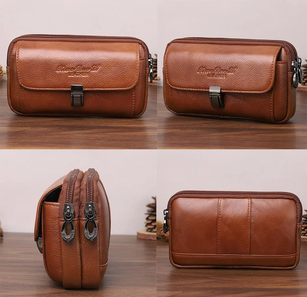 Men's Leather Waist Bag Leather Phone Purse Small Waist Pack Carry Pouch for iPhone 15 14 13 12 11 Pro X Xs 8 7 Plus 6 6S Galaxy S20 S10 S9 S8 L Size Horizontal Brown