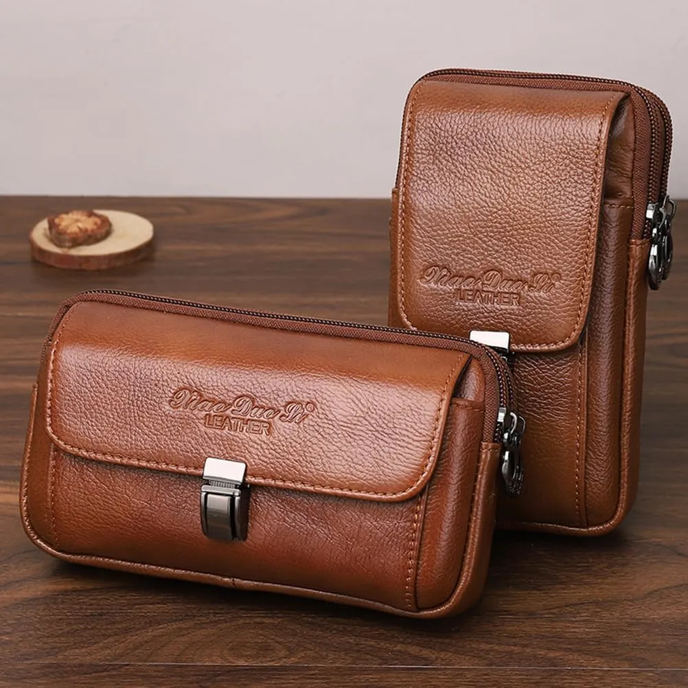 Men's Leather Waist Bag Leather Phone Purse Small Waist Pack Carry Pouch for iPhone 15 14 13 12 11 Pro X Xs 8 7 Plus 6 6S Galaxy S20 S10 S9 S8 L Size Horizontal Brown