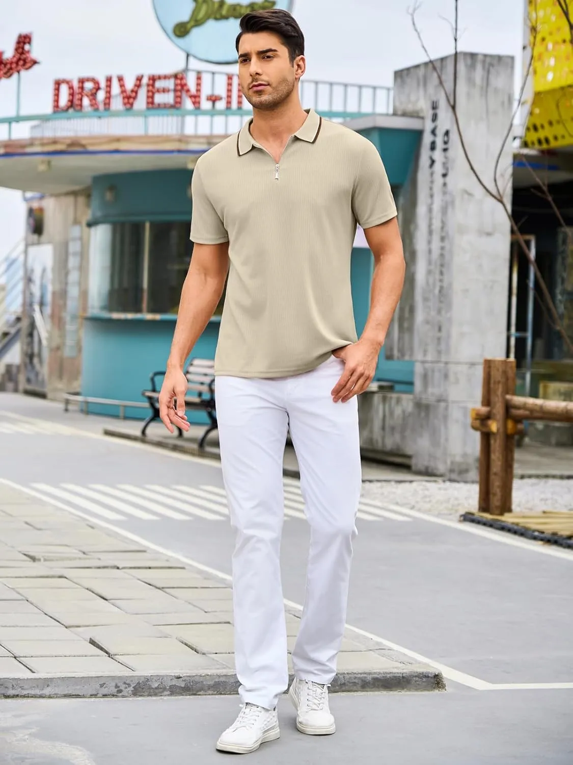 Men's Polo Shirts Short Sleeve Quarter Zip Pullover Golf Shirt Casual Ribbed Knit Slim Fit Polo T Shirts