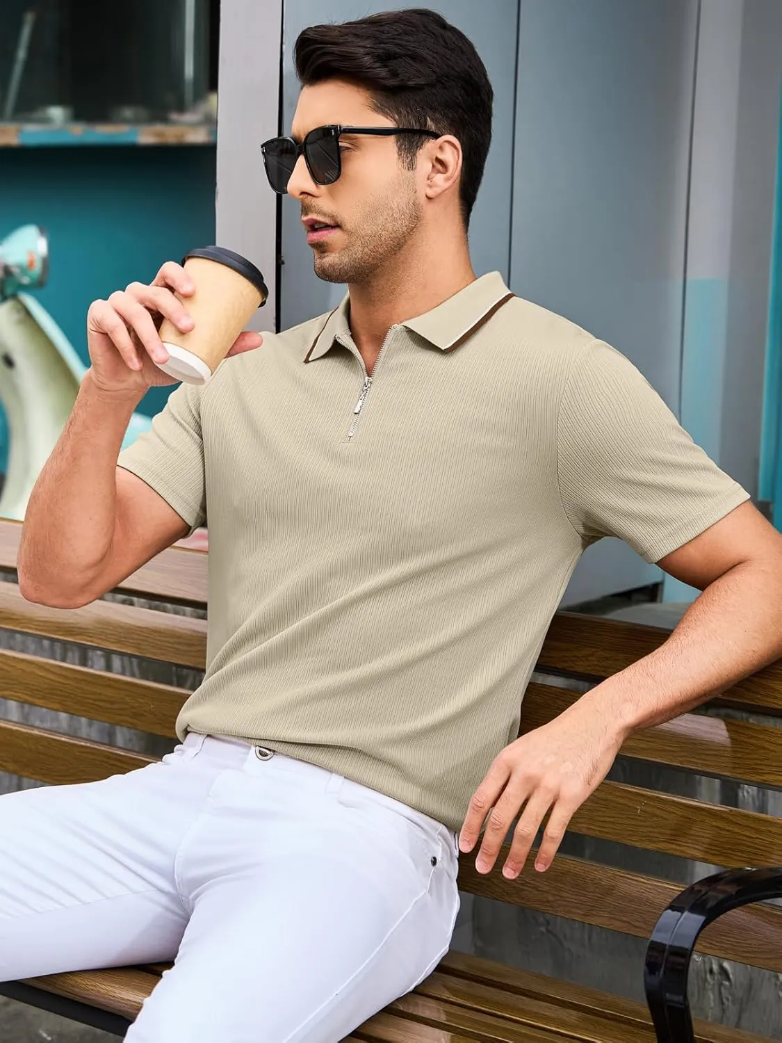 Men's Polo Shirts Short Sleeve Quarter Zip Pullover Golf Shirt Casual Ribbed Knit Slim Fit Polo T Shirts