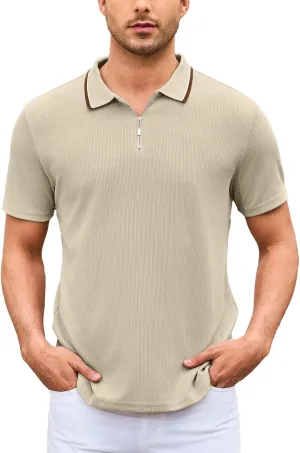 Men's Polo Shirts Short Sleeve Quarter Zip Pullover Golf Shirt Casual Ribbed Knit Slim Fit Polo T Shirts