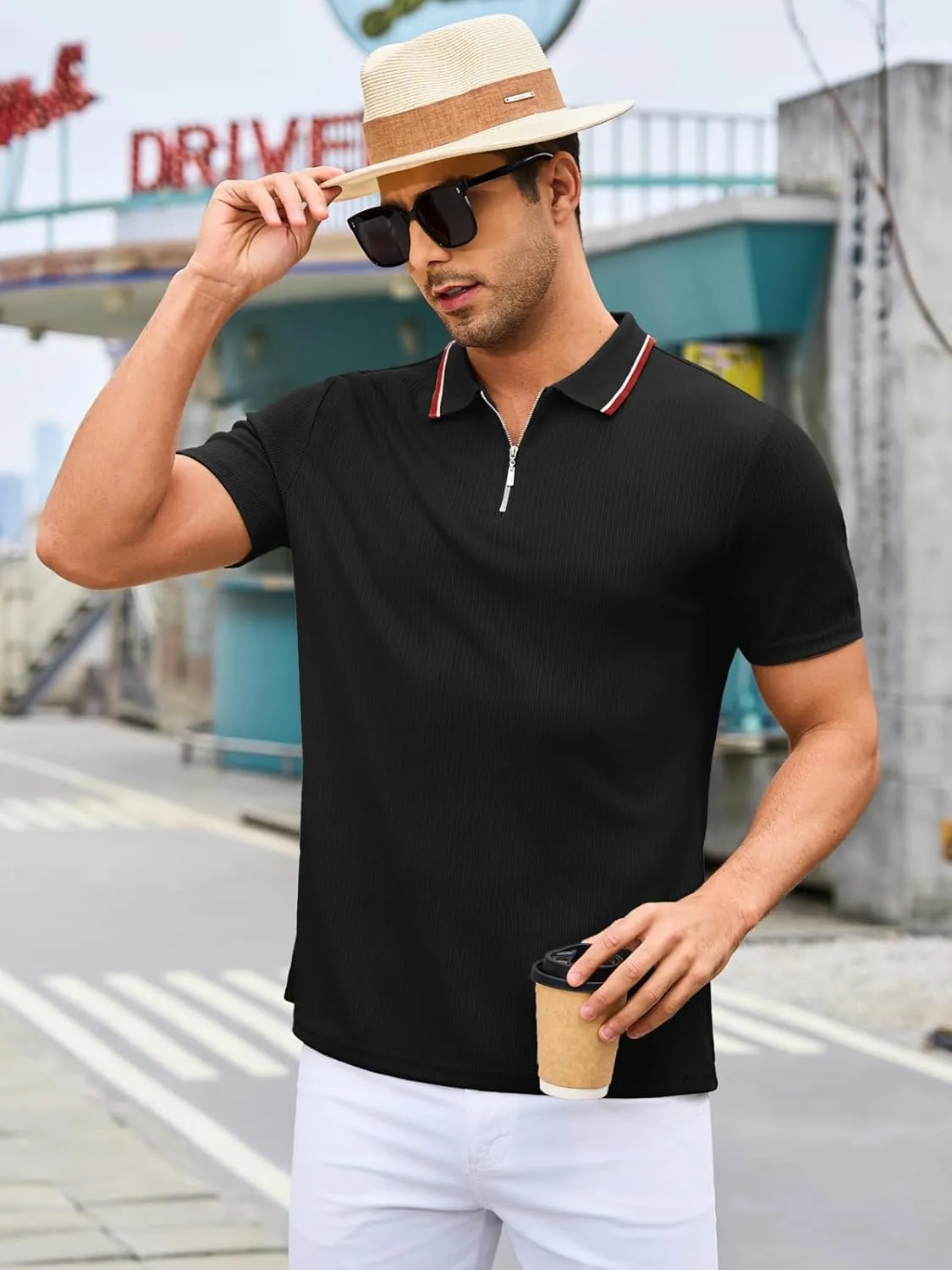 Men's Polo Shirts Short Sleeve Quarter Zip Pullover Golf Shirt Casual Ribbed Knit Slim Fit Polo T Shirts