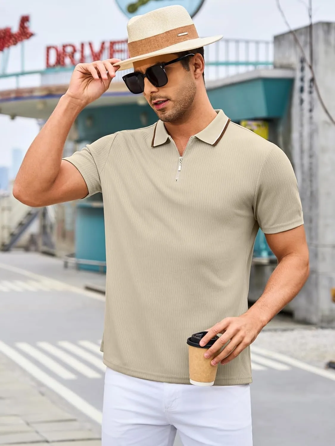 Men's Polo Shirts Short Sleeve Quarter Zip Pullover Golf Shirt Casual Ribbed Knit Slim Fit Polo T Shirts