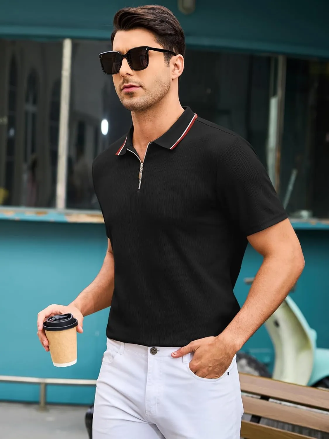 Men's Polo Shirts Short Sleeve Quarter Zip Pullover Golf Shirt Casual Ribbed Knit Slim Fit Polo T Shirts
