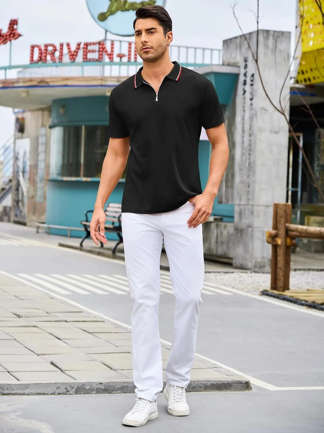 Men's Polo Shirts Short Sleeve Quarter Zip Pullover Golf Shirt Casual Ribbed Knit Slim Fit Polo T Shirts