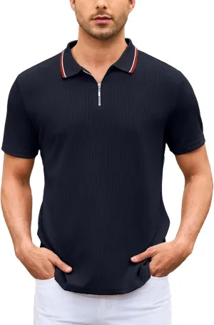 Men's Polo Shirts Short Sleeve Quarter Zip Pullover Golf Shirt Casual Ribbed Knit Slim Fit Polo T Shirts