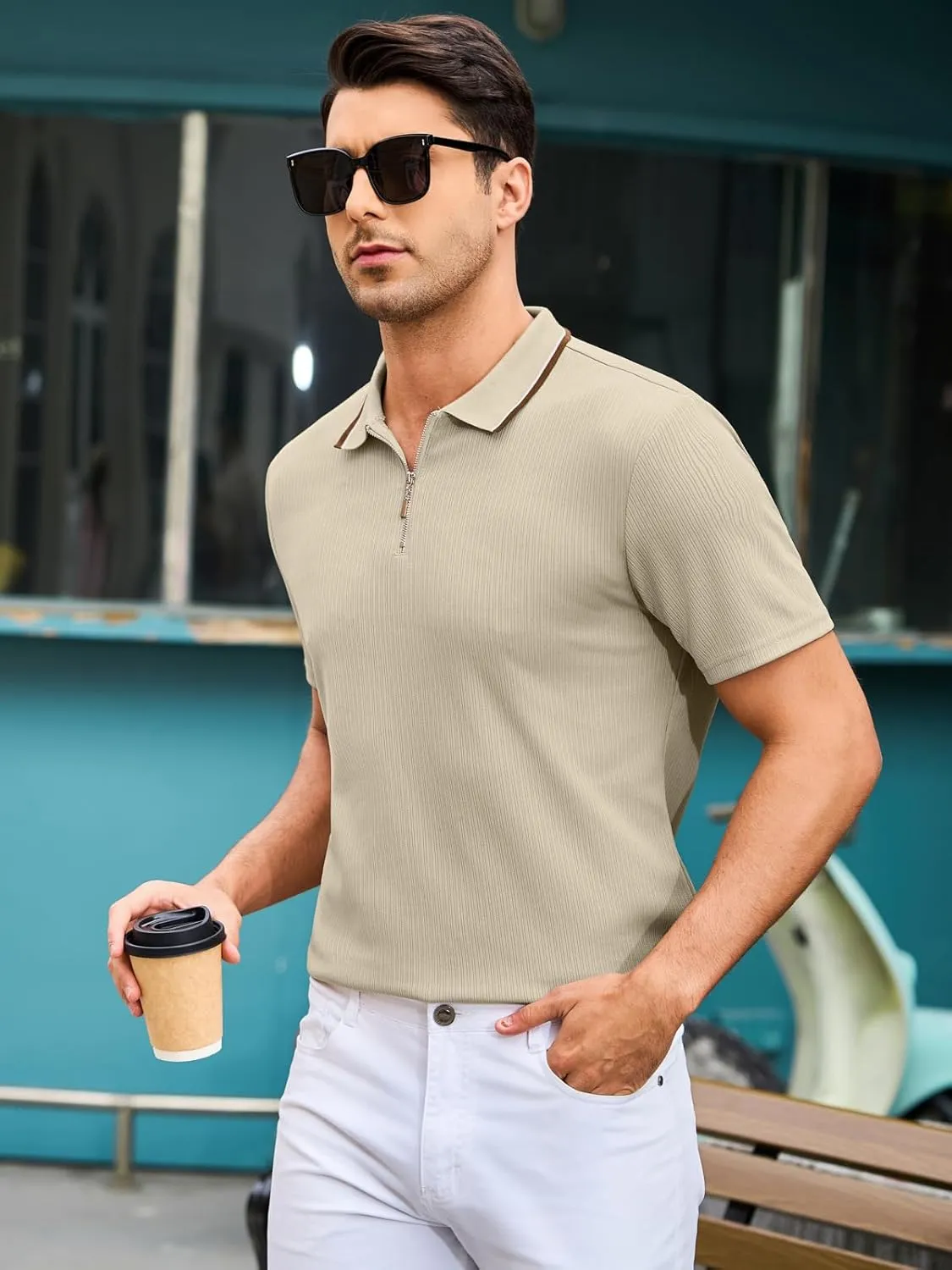 Men's Polo Shirts Short Sleeve Quarter Zip Pullover Golf Shirt Casual Ribbed Knit Slim Fit Polo T Shirts