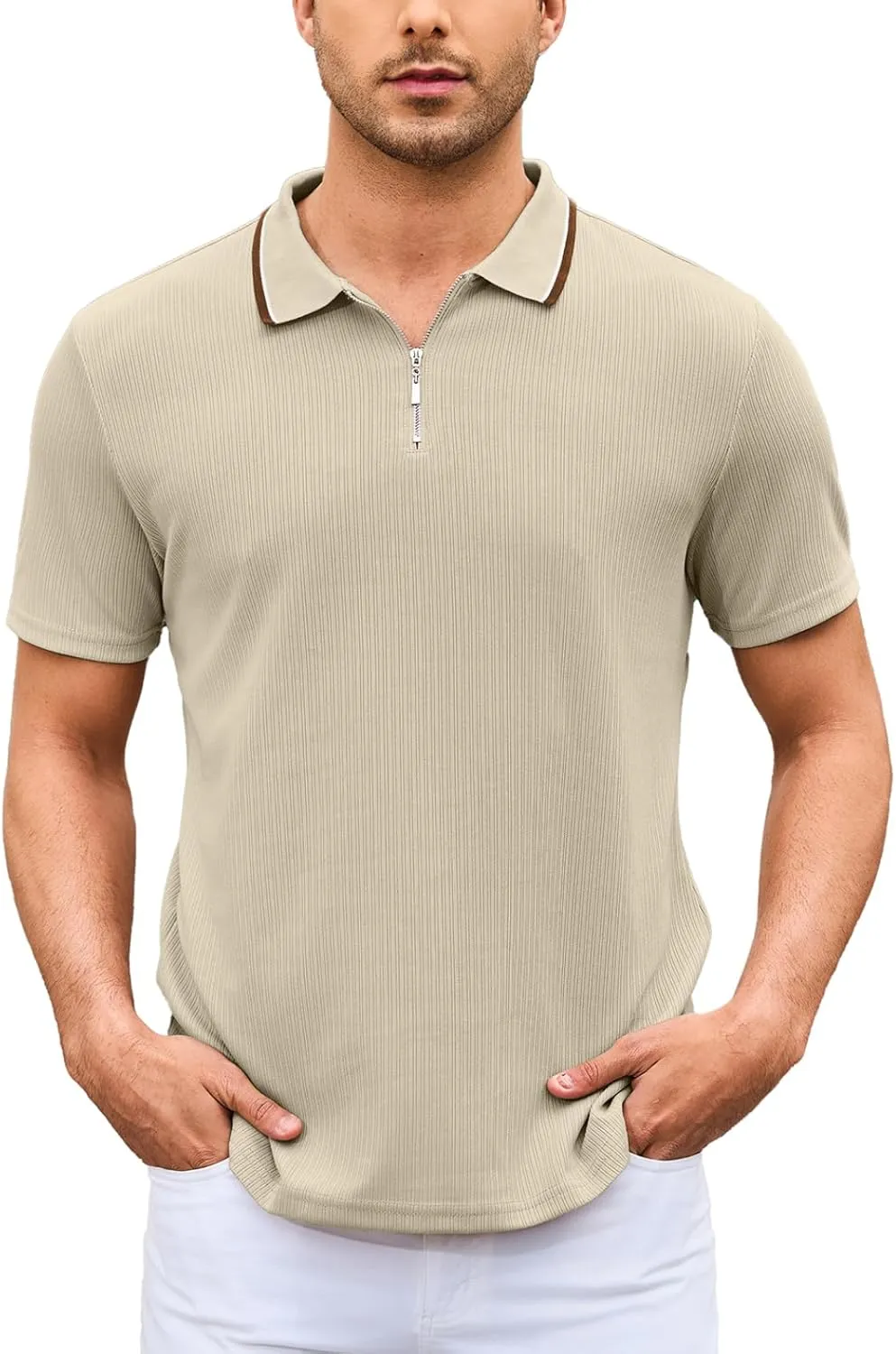 Men's Polo Shirts Short Sleeve Quarter Zip Pullover Golf Shirt Casual Ribbed Knit Slim Fit Polo T Shirts