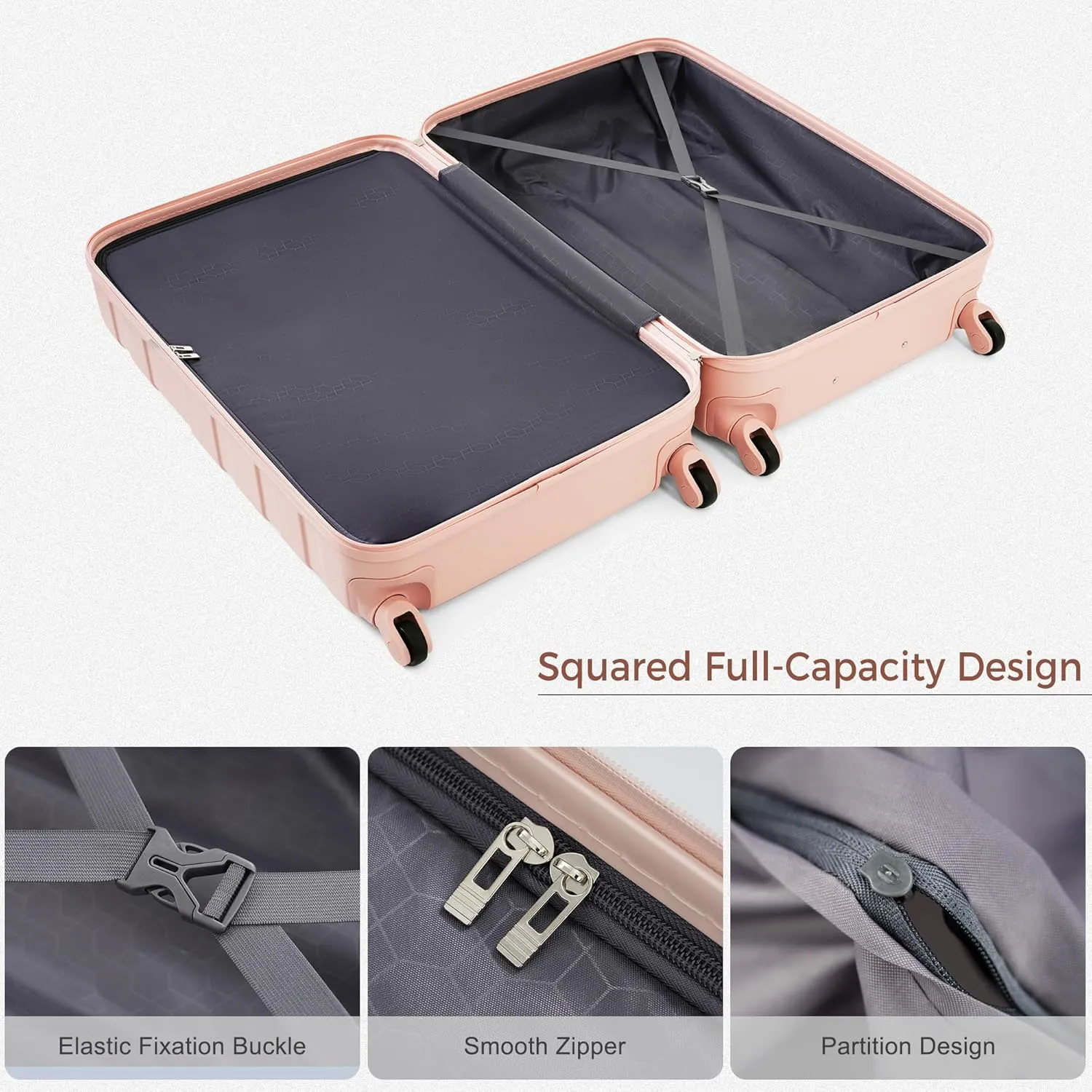 Merax 3 ABS Hardside Luggage Sets Spinner Wheel Suitcase, Pink(Horizontal Stripe), 20/24/28 Inch