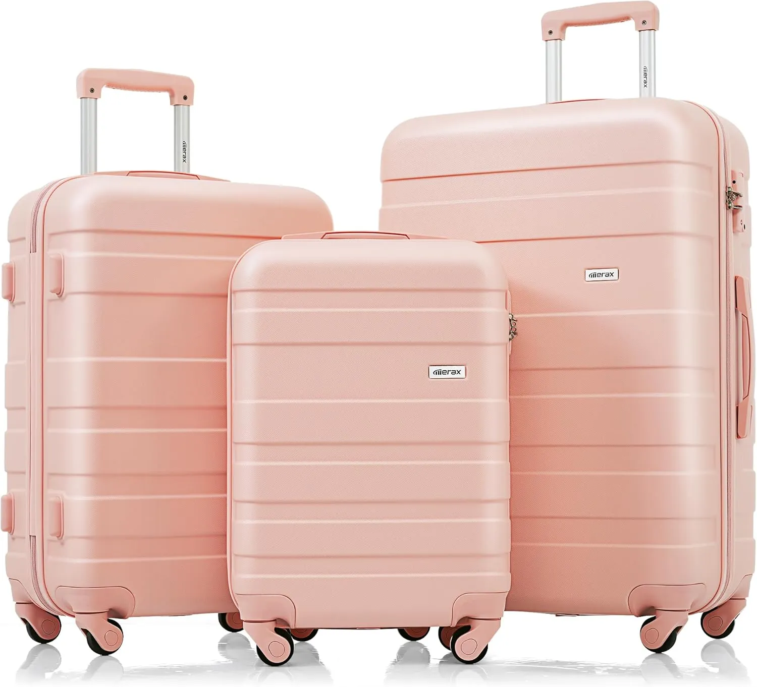 Merax 3 ABS Hardside Luggage Sets Spinner Wheel Suitcase, Pink(Horizontal Stripe), 20/24/28 Inch