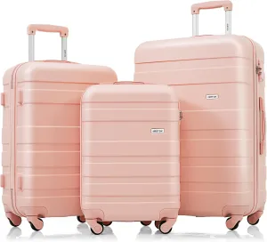 Merax 3 ABS Hardside Luggage Sets Spinner Wheel Suitcase, Pink(Horizontal Stripe), 20/24/28 Inch