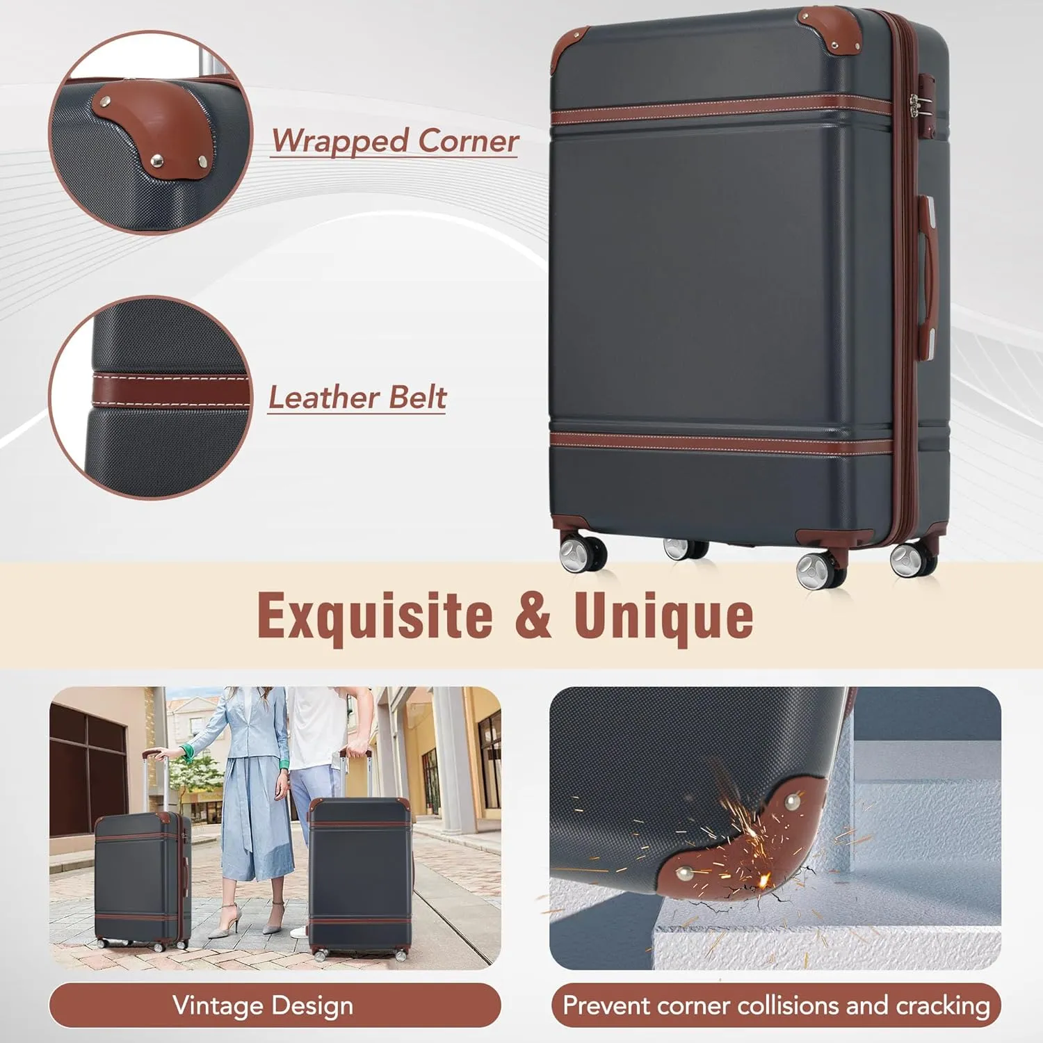 Merax Luggage Set, 2 Piece Luggage with Cosmetic Case, Vintage Hardcase Suitcase with Wheels, Expandable Luggage Airline Approved(Black,20" 24")