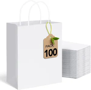 MESHA White Paper Bags 10x5x13 Inches 100pcs Medium Gift Bags with Handles Bulk,White Kraft Paper Bags for Small Business,Shopping Bag for Grocery,Wedding Party Favor Bags
