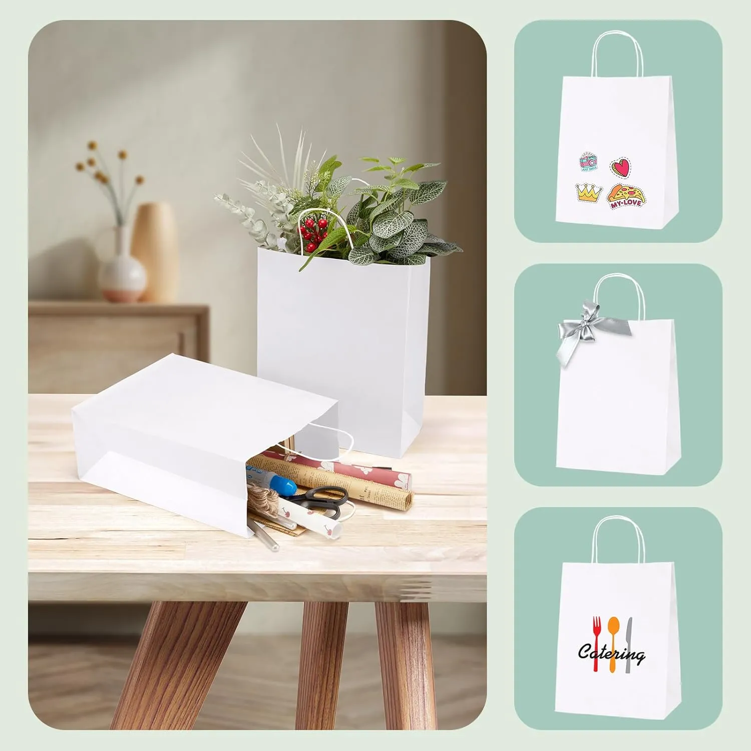 MESHA White Paper Bags 10x5x13 Inches 100pcs Medium Gift Bags with Handles Bulk,White Kraft Paper Bags for Small Business,Shopping Bag for Grocery,Wedding Party Favor Bags