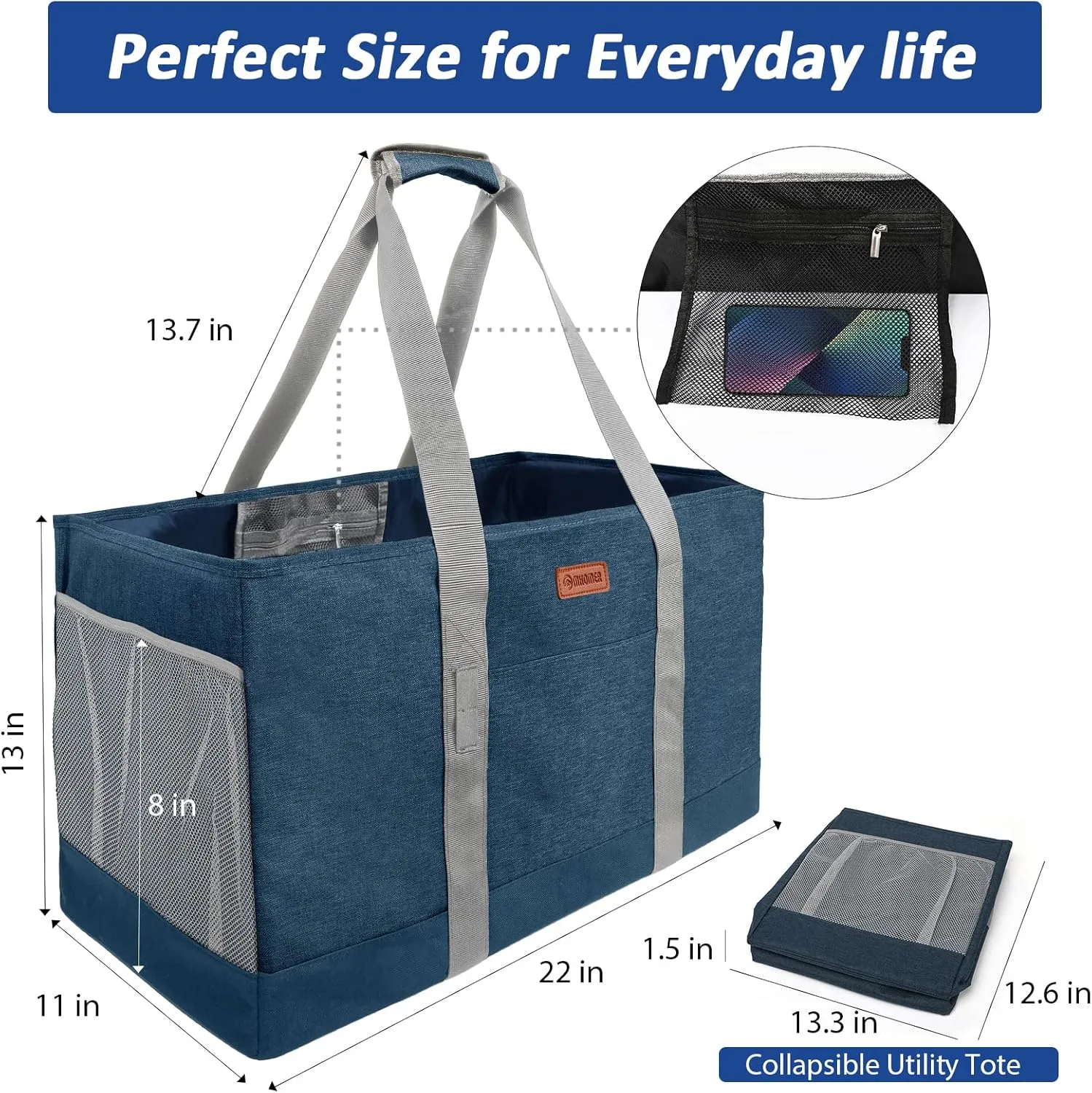 MHOMER Reusable Grocery Bags Extra Waterproof Large Utility Tote Bag with Carrying Handles Foldable Shopping Bags for Storage Space Saving Reinforced Bottom Durable Oxford Fabric Blue