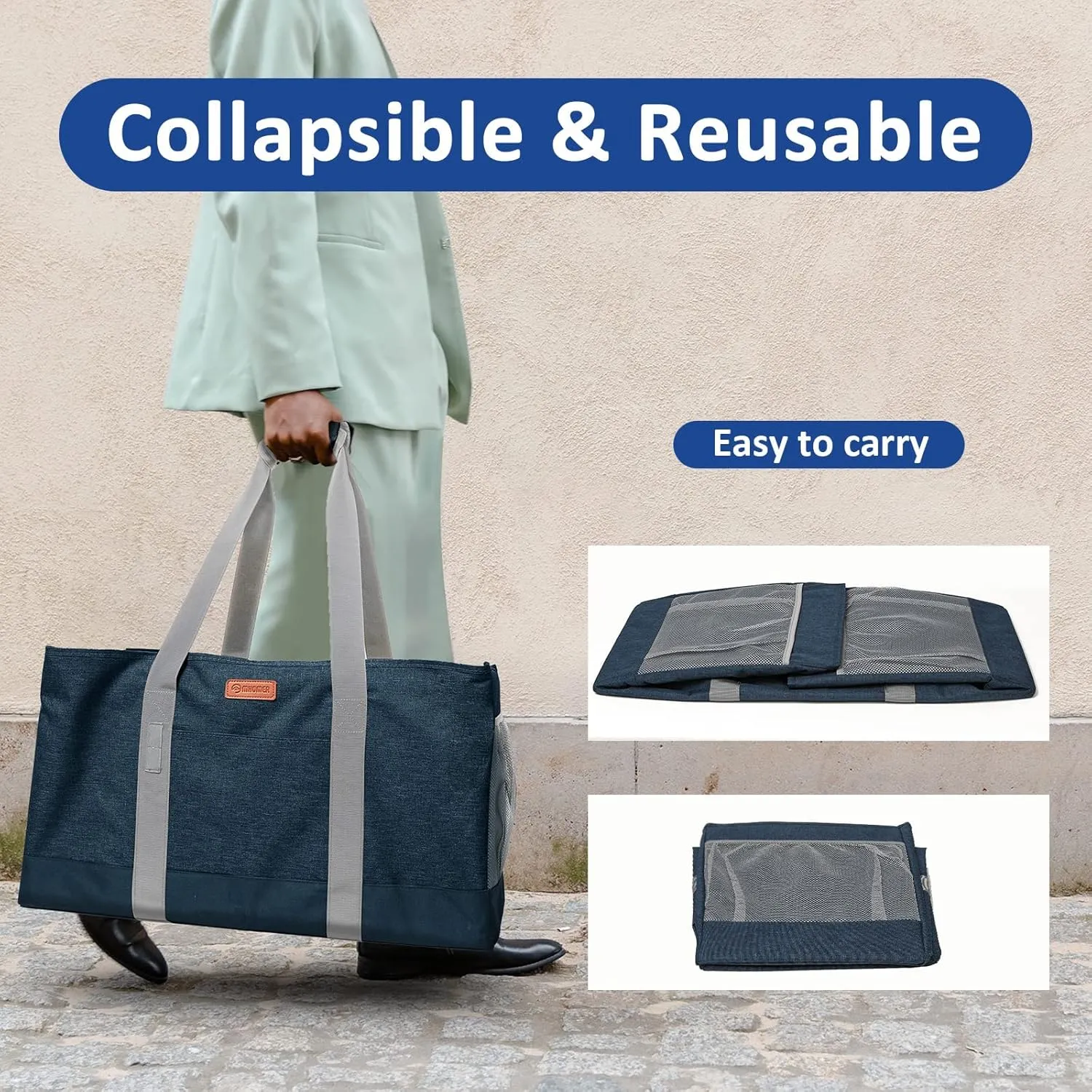 MHOMER Reusable Grocery Bags Extra Waterproof Large Utility Tote Bag with Carrying Handles Foldable Shopping Bags for Storage Space Saving Reinforced Bottom Durable Oxford Fabric Blue