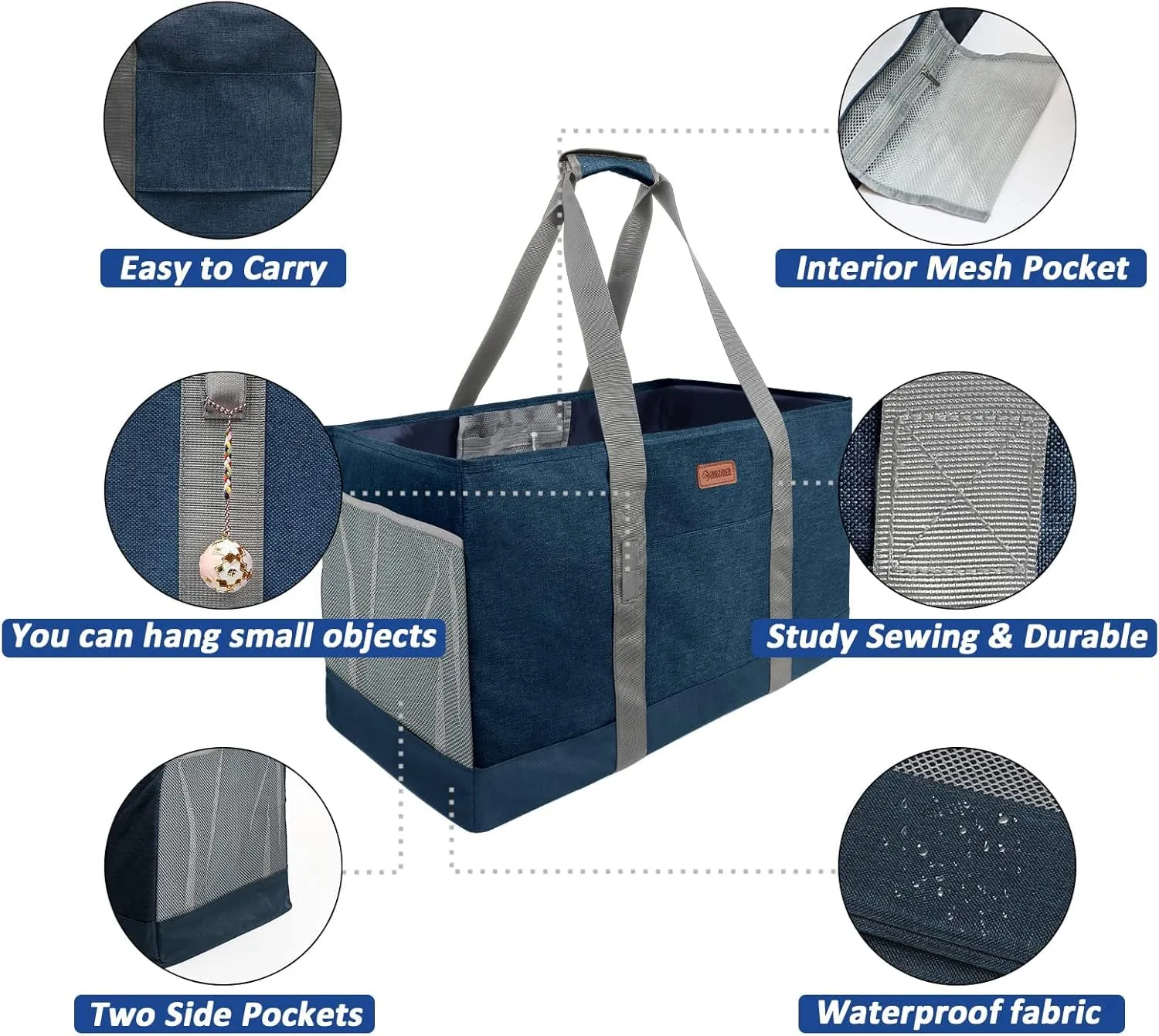 MHOMER Reusable Grocery Bags Extra Waterproof Large Utility Tote Bag with Carrying Handles Foldable Shopping Bags for Storage Space Saving Reinforced Bottom Durable Oxford Fabric Blue
