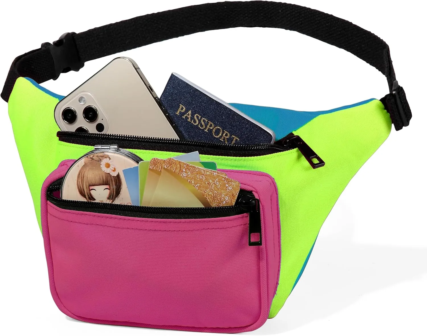 MIAIULIA 80s Neon Waist Fanny Pack for 80s Costumes,Festival Travel Party(Rose Green Blue)